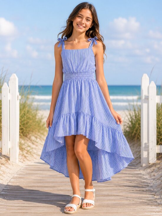 Habitual Girl Other - Girls Blue White Striped High Low Ruffle Maxi Dress Habitual Bow Sz L 14/16